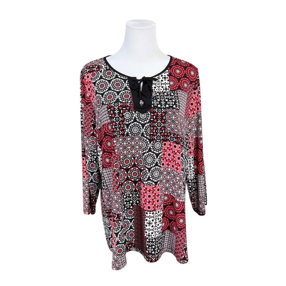 Susan Graver Patchwork Tie‎ Blouse LARGE Tunic Liquid Knits Casual
